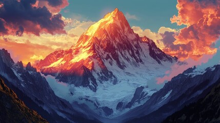 Majestic snow-capped peak sunset glow vibrant sky