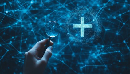 Hand holding magnifying glass over plus symbol, network background