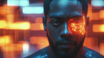 Man with glowing cybernetic eye, futuristic setting