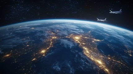 Obraz premium Earth at Night, Planes in Orbit, Global Connectivity