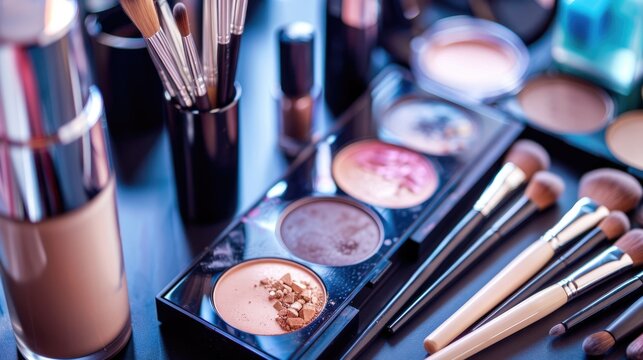 Professional makeup cosmetics collection: eyeshadow palette, brushes, and beauty products background
