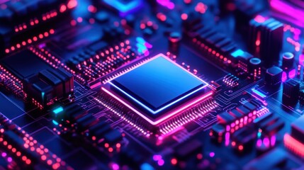 Obraz premium Neon Circuit Board with Microchip