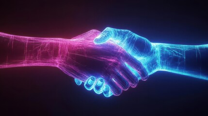 Digital Handshake on Blue Background Symbolizing Global Connectivity and Trust