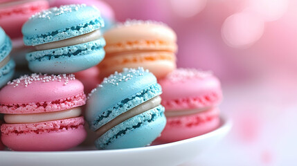 Obraz premium Pastel macarons on plate, bokeh background, sweet treat, dessert photography, food blog