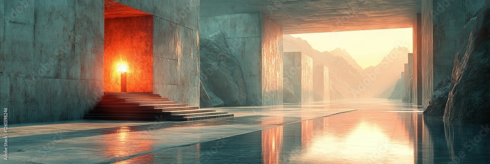 Poster Serene sunset illuminates futuristic concrete canyon.