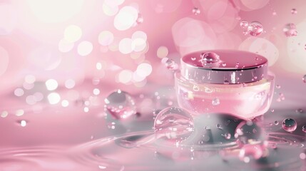 Luxury cosmetic cream jar with holographic neon lights and reflections on pastel background