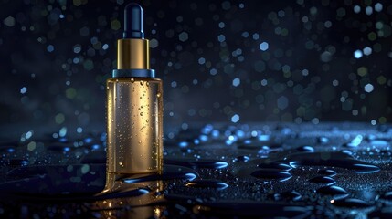 Luxury perfume bottle with dramatic bokeh and reflective water droplets