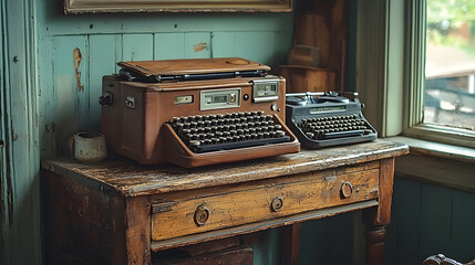 Vintage typewriters on rustic desk, window view, nostalgic home office setting