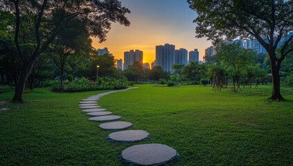 Serene Sunset Stroll: Urban Oasis at Golden Hour