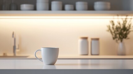 Modern kitchen, empty mug, morning light, minimalist decor