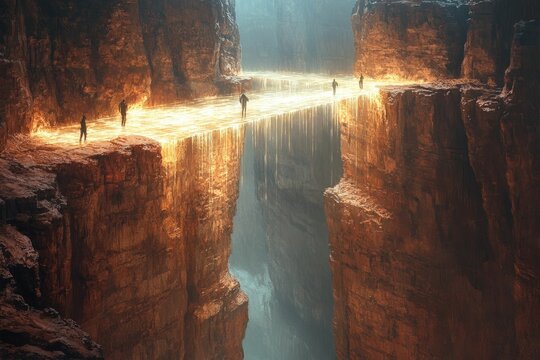 Figures traverse glowing chasm bridge, perilous journey.