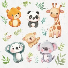 Watercolor Animal Characters Collection Featuring Panda Sloth Giraffe Koala Elephant