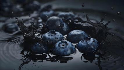 Blueberries fall into the water in dramatic and moody lighting, creating spectacular splashes that convey the dynamism, freshness and depth of the saturated color