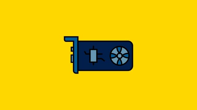 Simple animation of a graphics card with a fan and circuit design. VGA simple animation. Computer hardware icon featuring a GPU with detailed components. VGA animation for your tech design