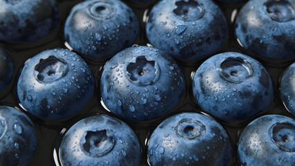 Macro shot of ripe blueberries with water droplets on the surface, creating an effect of freshness, naturalness and rich deep blue hue
