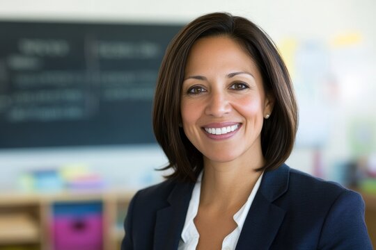 Confident female educator in classroom setting with warm smile and professional attire