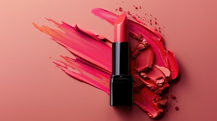 An open lipstick with smudged lipstick strokes forming abstract patterns around it, creating a bold artistic beauty concept
