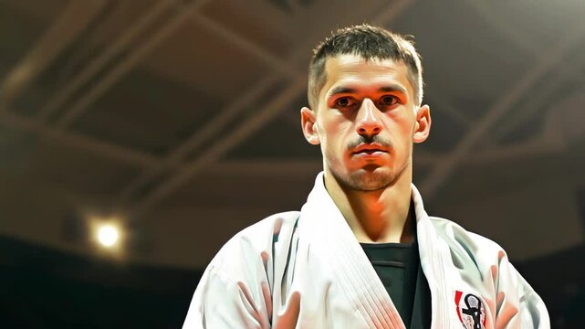 Determined man karateka in traditional gi preparing for martial arts competition. concept of discipline, martial arts, karate training, competitive spirit, sportsman, sports