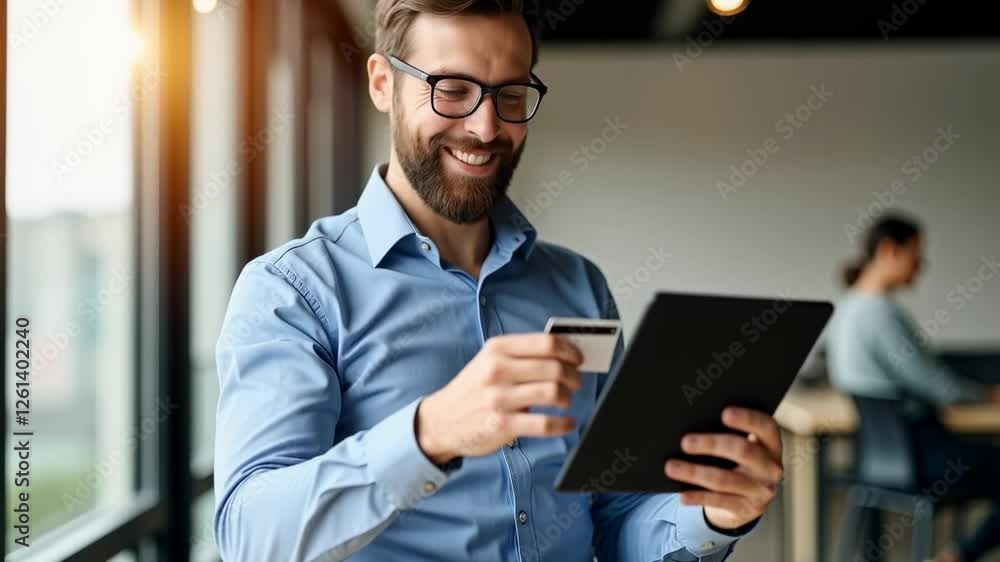Aufkleber a happy businessman with beard and glasses smiling while using a digital tablet in a modern office s