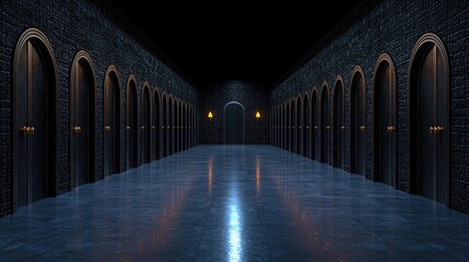 Obraz premium Dark corridor, arched doors, mysterious choices, night, fantasy game background