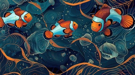 Artistic depiction of clownfish in a stylized ocean environment concept
