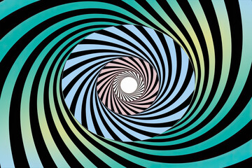 Psychedelic Hypnotic Spiral, Turquoise, Blue, and Pink Op Art, Abstract Tunnel Illusion, Black Stripes, White Center, Modern Graphic Design