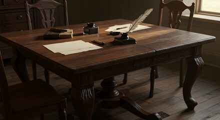 Dark wooden table with antique inkwell quill papers and chairs in a classic room setting elegant vintage writing desk scene on transparent background
