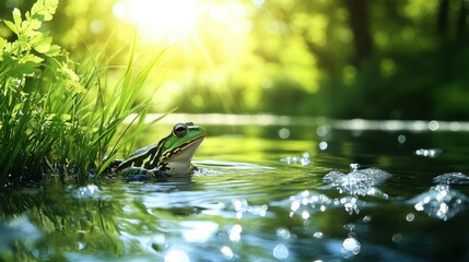 Green Frog in Forest Stream Sunlight