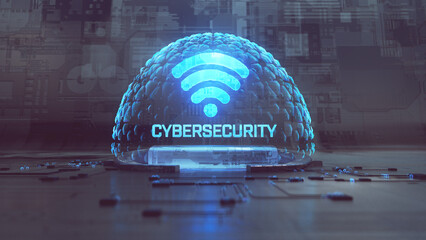 Cybersecurity and WiFi: 3D Holographic Icon Protected by a Translucent Shield in a Futuristic Digital Environment