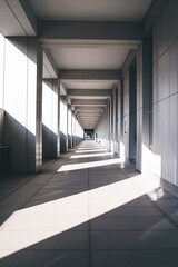 Minimalist architectural walkway featuring strong geometric shadows, deep perspective, and modern concrete design.