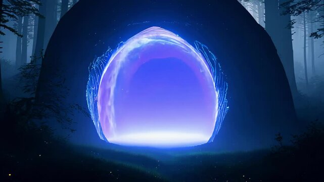 Mysterious glowing portal in enchanted forest at night. concept of fantasy exploration, magical journey, mystical landscapes, hidden dimensions.