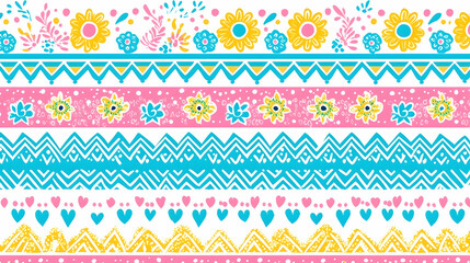 Colorful floral and geometric textile pattern design,  seamless repeat, white background, for fabric or wallpaper