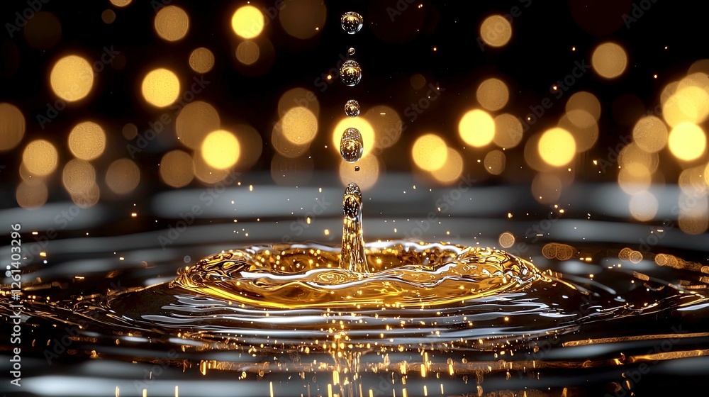 Poster golden water drop: abstract macro photography of liquid splash with bokeh lights background