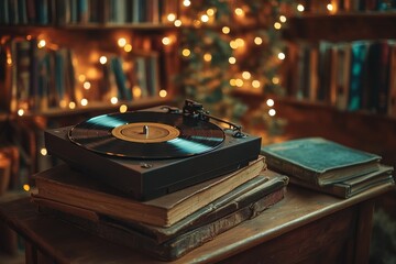Festive vinyl record player on books in library