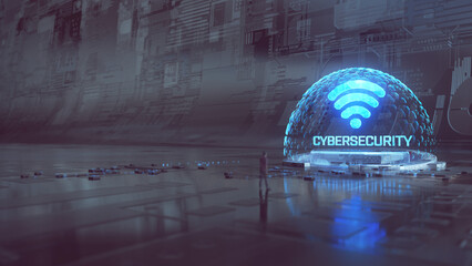 Cybersecurity and WiFi: 3D Holographic Icon with Neon Shield in a Vast Digital Tech Environment Featuring a Miniature Human Figure
