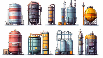 Various industrial tanks on a white isolated background. transparent background. Interdimensional Marketplaces. Illustration