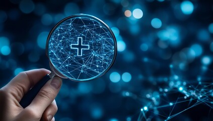 Hand holding magnifying glass, medical cross, digital network background