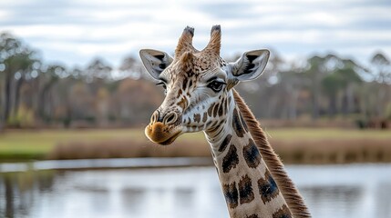 Naklejka premium Majestic Giraffe Portrait: A Serene Wildlife Encounter in the African Savanna