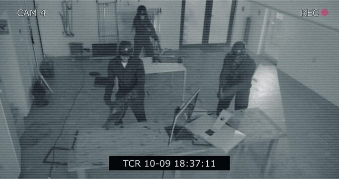 Footage, rage room and people with bat for breaking computer, vandalism and destruction. Camera, time stamp and frustrated men and women with safety glasses for smash, demolition and property damage