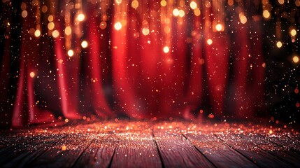 A stage set against a sparkling red background, with soft bokeh lights, ready to captivate audiences with anticipation.