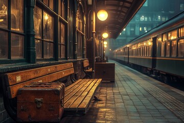 Night train station, vintage luggage, misty platform