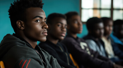 Obraz premium Group of African Students in a Classroom, All Focused on Their Teacher at the Front, with Soft Window Light Illuminating Their Attentive Faces