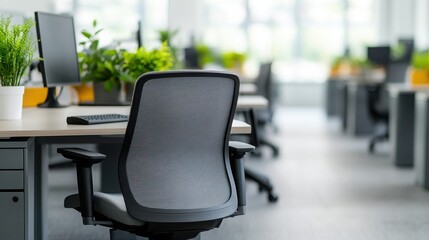 Modern office space with ergonomic chairs and greenery, promoting a productive and eco-friendly work environment.