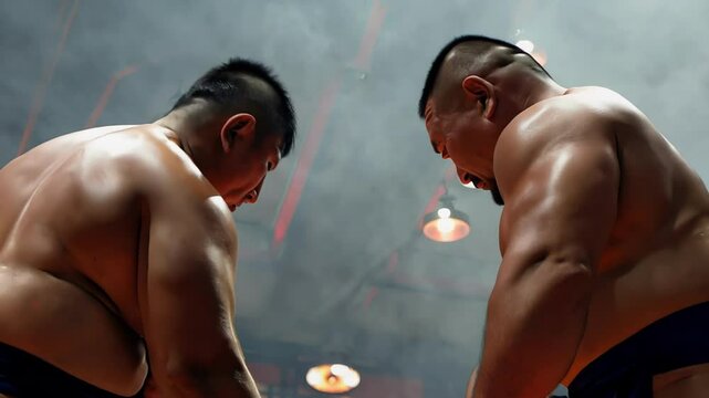 Powerful asian sumo wrestlers in intense face-off in traditional arena. concept of strength, japanese culture, martial arts, traditional sports, men