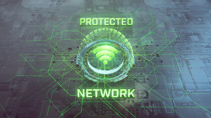 Protected Network: 3D Holographic WiFi Icon with Green Neon Shield in a Vast Digital Tech Environment