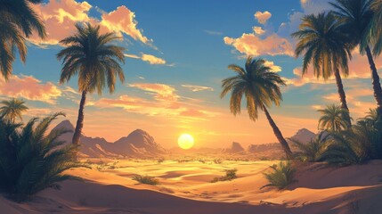 Palm trees silhouette against a vibrant desert sunset landscape scene
