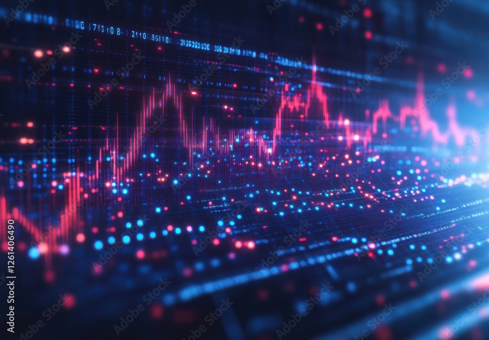 Poster abstract data visualization with colorful lines and dots depicting technology trends and financial m
