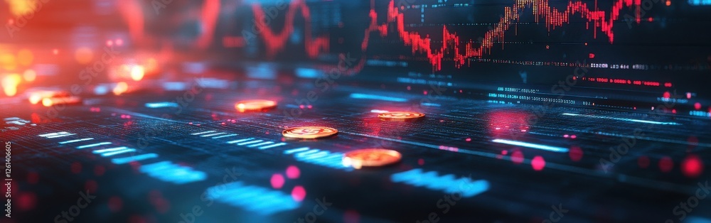 Poster abstract digital background with cryptocurrency coins on a technical trading platform featuring grap