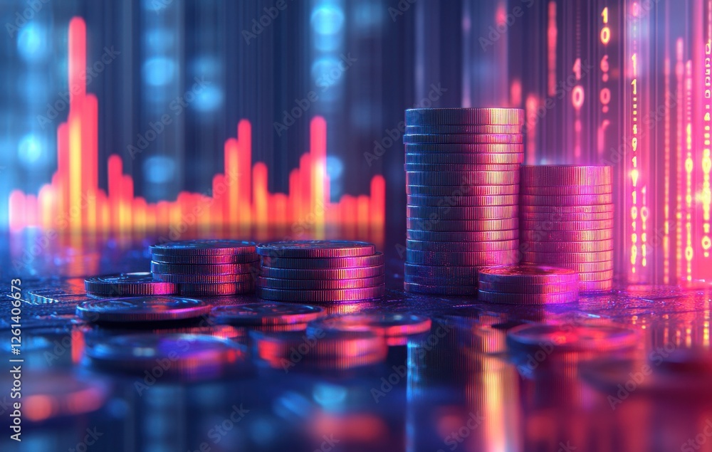 Poster abstract digital financial data display with colorful coins and graphs creating a dynamic and futuri