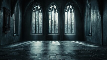 Fototapeta premium Mysterious shadows filling an abandoned gothic hall dark atmosphere architectural photography eerie setting low angle view
